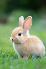 A cute little bunny is sitting on the grass. The bunny is brown and white and has big eyes. The image has a peaceful and calm mood, as the bunny is sitting alone in the grass, looking up at the camera