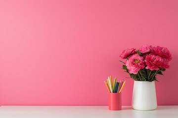Obraz premium A white vase with pink flowers sits on a desk next to a pencil holder. The pink wall behind the desk creates a warm and inviting atmosphere