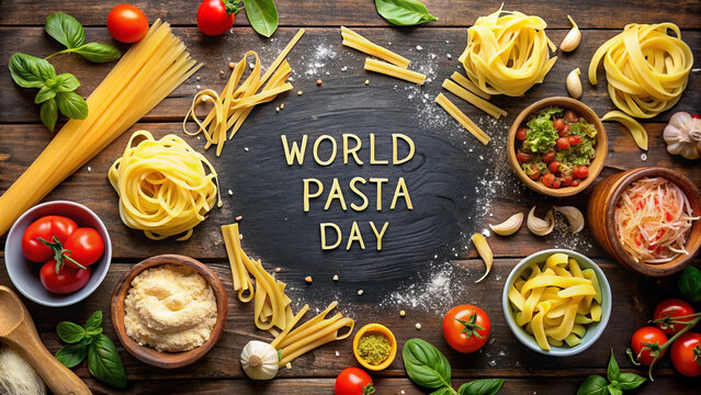 Overhead shot of various pasta types arranged around "World Pasta Day" written in pasta on a dark surface, surrounded by fresh ingredients.