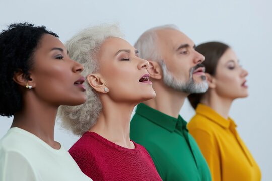 A group of people are singing together, with one woman wearing a red shirt. The group is diverse, with people of different ages and races. Scene is one of unity and togetherness
