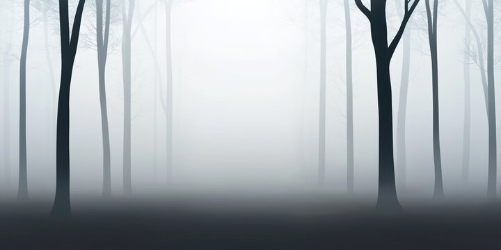 A forest with trees in the background and a foggy sky. The trees are tall and the sky is grey - Powered by Adobe