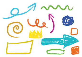 Hoja de iconos hechos con trazo de pincel de color azul, verde, amarillo, rosa, morado, naranja, azul en forma de flecha, garabato y líneas curvas