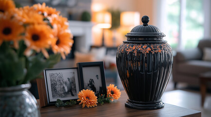 Black metal urn on a table with a framed photo and flowers in a living room at home, focus-stacked photography, soft lighting, high resolution.