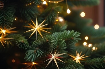 Fototapeta premium a close up of a christmas tree with lights around it