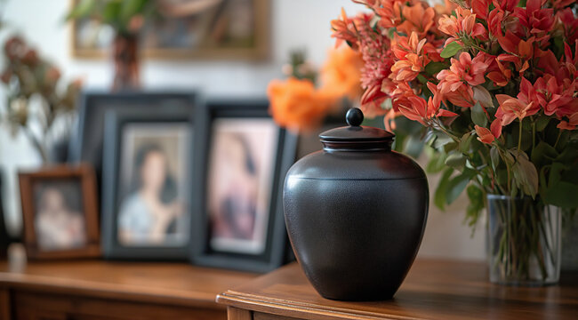 A close-up of an elegant black cremation urn on top of the table, with flowers and framed family photos in the background. The scene is set at home, creating a warm atmosphere for
