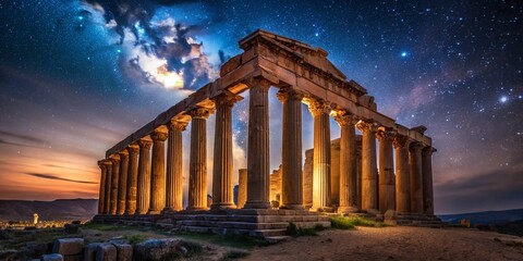 Night Photography of an Ancient Greek Temple: Panoramic View of Majestic Columns Against a Starry Sky, Capturing the Essence of Greece's Rich History and Civilization