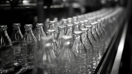 The repetitive pattern of clear bottles on a production line, with gleaming surfaces and precise alignment