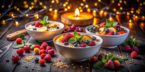 Naklejka premium Night Photography of a Smoothie Bowl with Fresh Fruits, Yogurt, and Muesli, Capturing a Delicious and Vitamin-Rich Breakfast Experience in Minimal Lighting