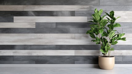 A modern interior featuring a striped wall and a potted plant, creating a stylish and serene atmosphere.