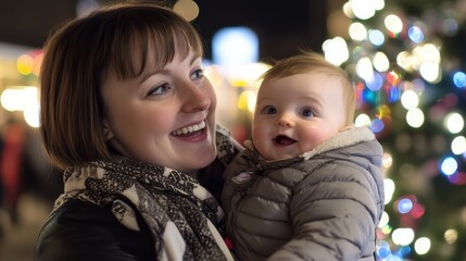 Happy Mother and Baby at Christmas Market Lights