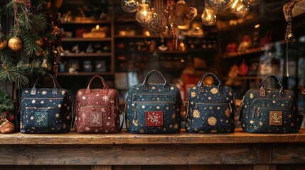 Fototapeta premium Stylish backpacks adorned with festive designs in a cozy shop setting