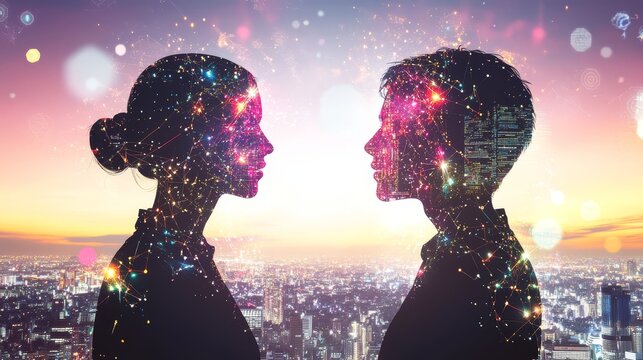 Silhouettes of Man and Woman Facing  City Lights  Network Connections