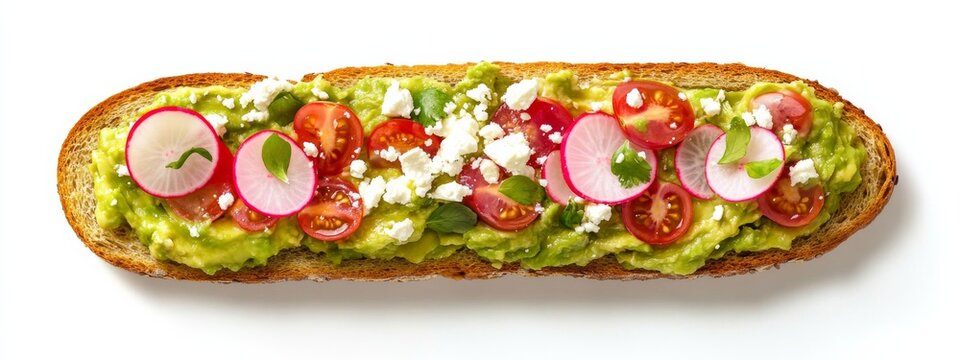 A creamy avocado toast topped with sliced radishes, cherry tomatoes, and a sprinkle of feta cheese