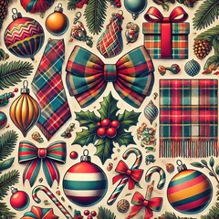 Festive Christmas Ornaments Bows Plaid Holly Candy Canes Seamless Pattern