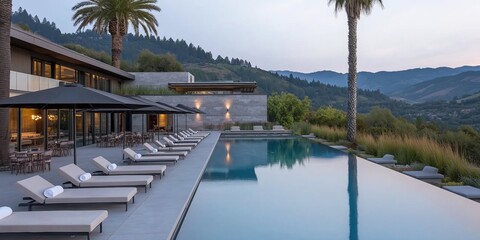 Fototapeta premium A large pool with a long, wide walkway leading to it. The pool is surrounded by lounge chairs and umbrellas. The pool is on a hillside overlooking a beautiful landscape