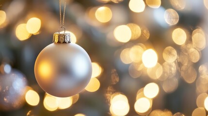 Fototapeta premium Silver Christmas Ornament Hanging on Tree with Bokeh Lights