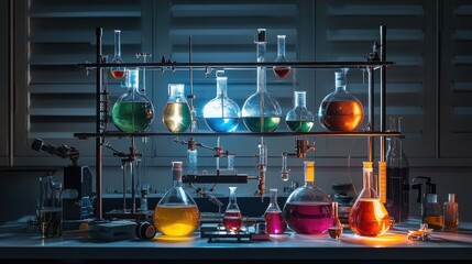 Vibrant chemistry setup: liquids in various flasks connected by tubes, placed on a clean, professional lab bench.