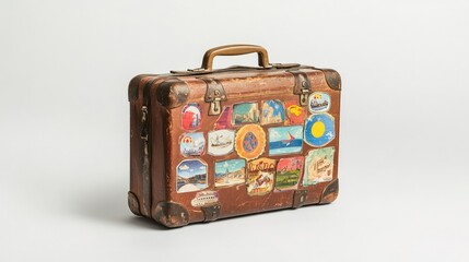 Vintage suitcase covered in colorful travel stickers placed on a plain white background, showcasing wanderlust and adventure.
