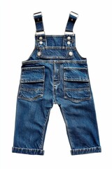 Blue denim overalls; child's size; pockets.