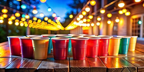 Outline Illustration of Beer Pong with Plastic Cups for Traditional Party Drinking Game, High Depth of Field Effect, Ideal for Party Themes and Event Promotions