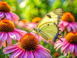 Pale Yellow Butterfly on Pink Coneflower in a Lush Garden Setting, Capturing the Beauty of Nature and the Delicate Balance of Pollinators with Vibrant Floral Colors