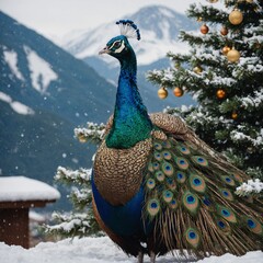 A peacock with iridescent feathers, standing proudly near a decorated Christmas tree, with a backdrop of snowy mountains.