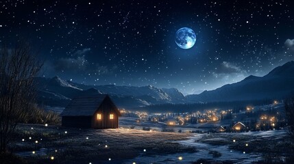 Night scene rural area small village foreground sky Christmas night. Comet star