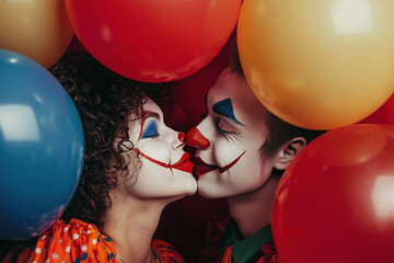 Romantic clown couple surrounded by colorful balloons