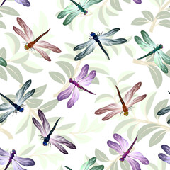 Multi-colored dragonflies on a background of leaves.Vector pattern of dragonflies and leaves on a white background.