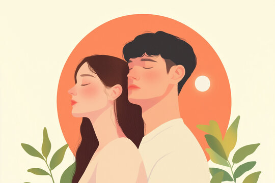 Peaceful couple embracing nature with eyes closed