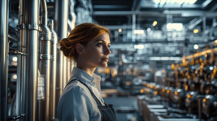 Female technician overseeing operations in advanced factory environment high fidelity focus on productivity and innovation
