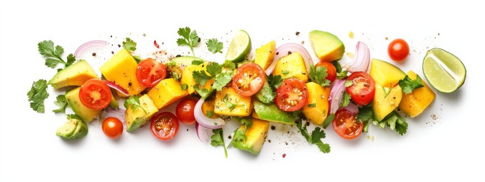 A fresh and zesty mango and avocado salad with cherry tomatoes, red onion, and a cilantro lime dressing