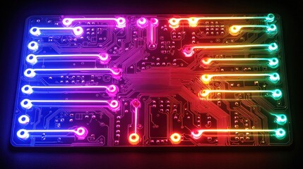 Fototapeta premium A glowing circuit board with neon-colored lines and lights, showcasing modern technology and innovation
