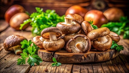 Panoramic View of Fresh Raw Shiitake Mushrooms on Wooden Surface with Selective Focus, Highlighting Their Unique Texture and Natural Colors for Culinary and Food Photography