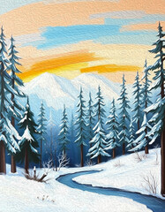 Winter landscape painted with oil paint. Pattern for printing on wall decorations and covers
