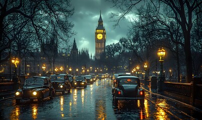 Naklejka premium Old cars move along a wet road in dim lighting with Big Ben in the background in 20th century London