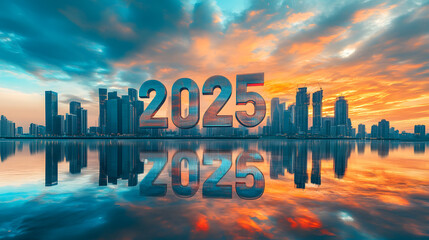 2025 celebration city urban skyline sunrise celebrate future cityscape golden buildings modern skyscrapers