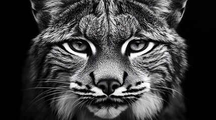 Obraz premium A detailed black-and-white portrait of a lynx, showcasing its striking features and expression.