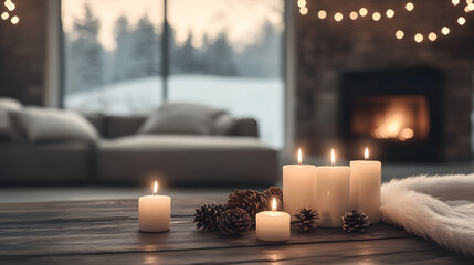 winter festive festival Christmas snow celebration cozy warm home living room indoor wooden table lit candles snowy landscape peaceful atmosphere fireplace
