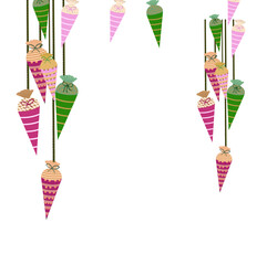 Colorful decorative Mehendi cone hanging with patterns for indian mehendi ceremony invite decor setup, haldi invitation, pool party, maayra event, hindu wedding function, bhaat