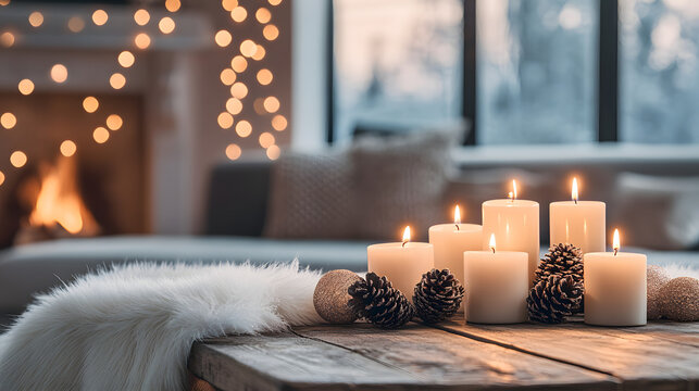 winter festive festival Christmas snow celebration cozy warm home living room indoor wooden table lit candles snowy landscape peaceful atmosphere fireplace