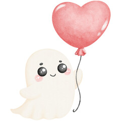 Valentine Ghost Floating with Heart Balloon Illustration for Romantic Designs