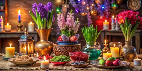 Persian New Year Celebration in Low Light: A Beautiful Table Setting with Haft-Seen Items, Candles, and Traditional Decor for Nowruz Festivities