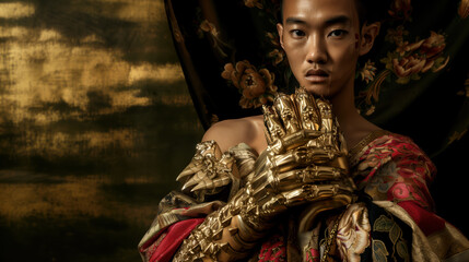 Fashionable portrait of Thai character with golden gloves and ornate attire