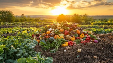 Sunset over a compost pile of colorful vegetables in a garden.