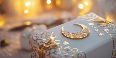 Elegant ramadan gift box with crescent moon design and golden accents in warm lighting