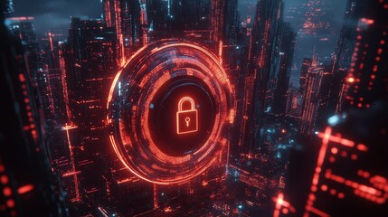 Obraz premium Futuristic Cityscape Cyber Security Data Protection Lock