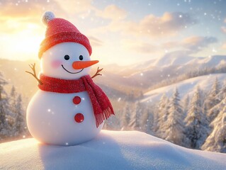 Obraz premium Happy snowman in red hat and scarf on snowy mountain at sunrise.