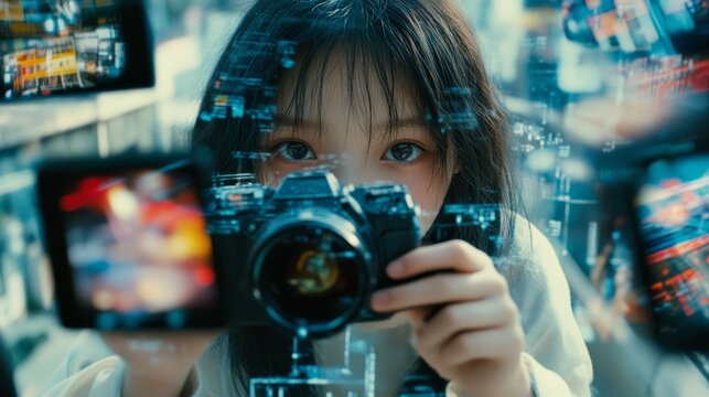 Girl Photographer  Digital Camera  City Background  Technology Overlay - Powered by Adobe