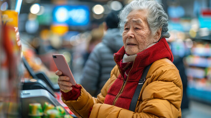 An elderly woman holding a sleek cellphone with smart pay technology